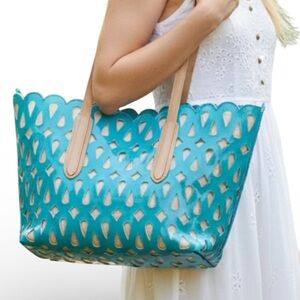 Turquoise Laser-Cut Tote Bag with Tan Handles